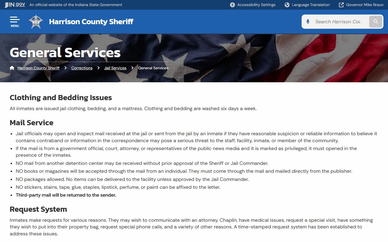 Harrison County Jail mail rules and general services for inmates