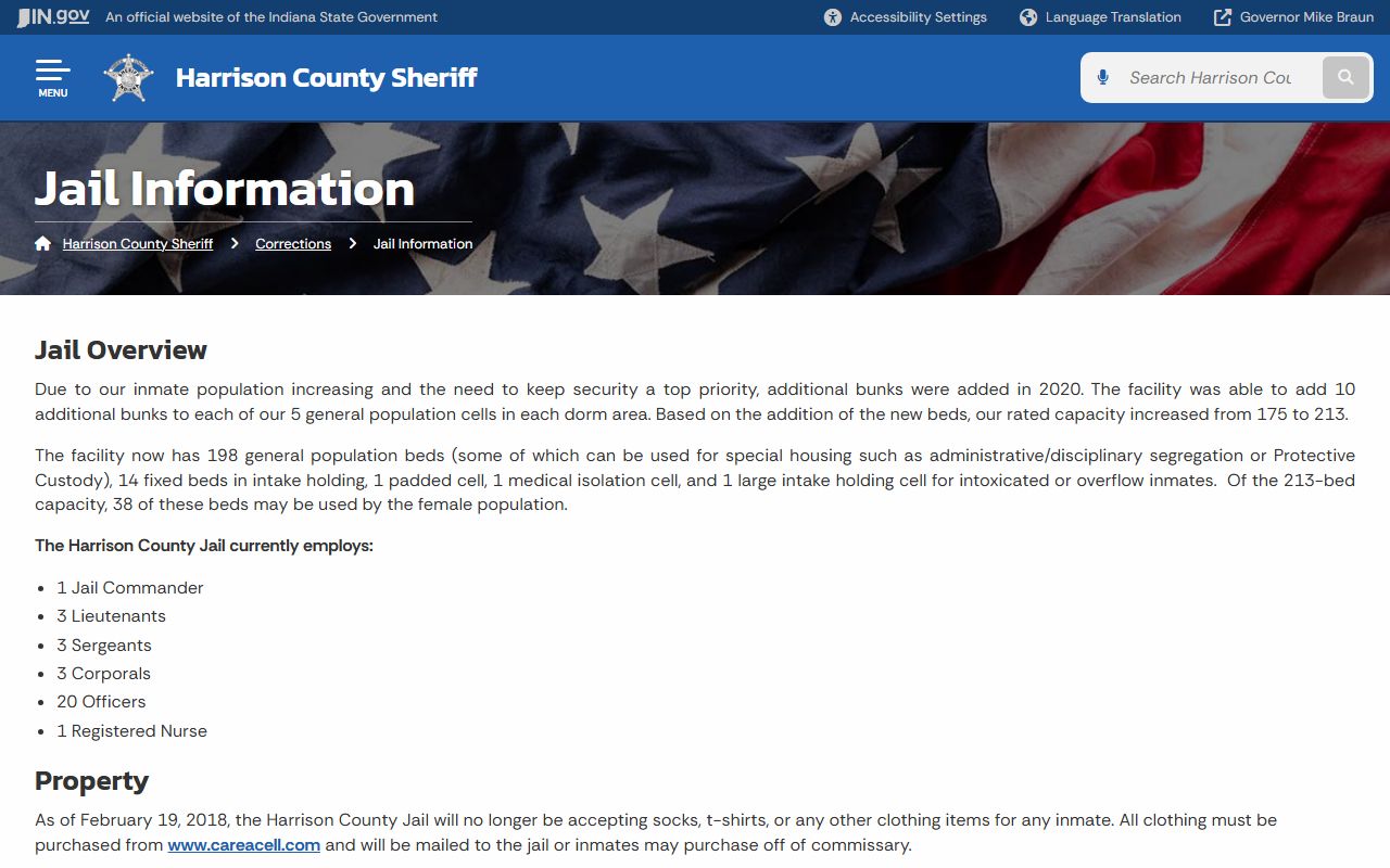 Harrison County Jail capacity information for inmate population records