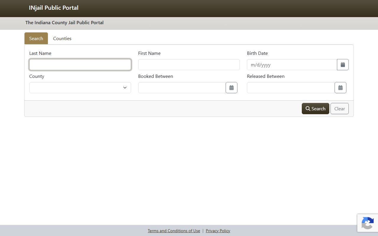 Indiana County Jail Public Portal fields related to Harrison County inmate search